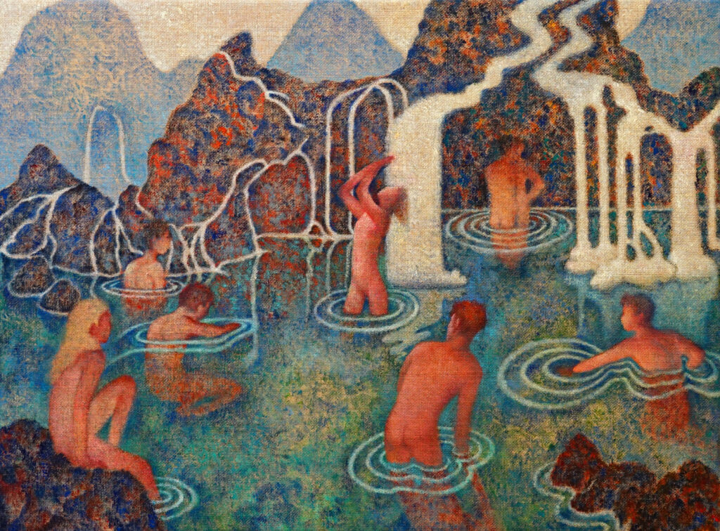 Blaue Lagune, 80 x 60cm, Öl auf Jute, 2025